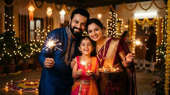 Indian family celebrating diwali with sparklers and diyas at home