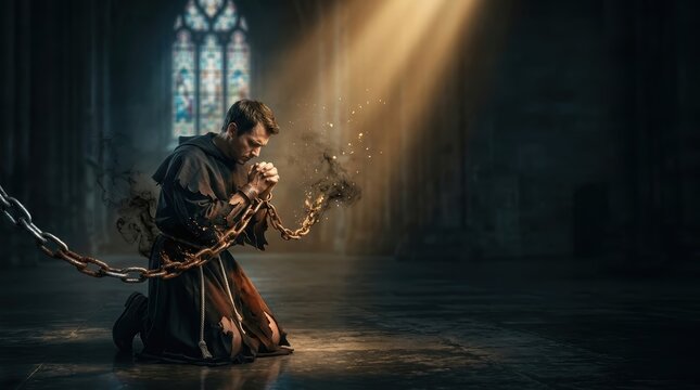 Surreal photography of a man kneeling in prayer as heavy chains break and disintegrate into light inside a dark gothic cathedral