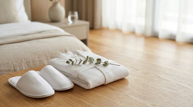A conceptual storytelling narrative of a luxury hotel stay with a folded white waffle robe and slippers on a wooden bench in a minimalist bedroom suite.