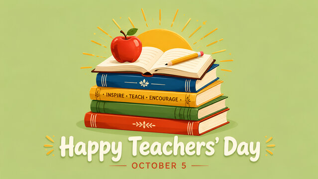 Happy Teachers Day October 5 greeting card with red apple and pencil on stack of colorful books flat illustration.