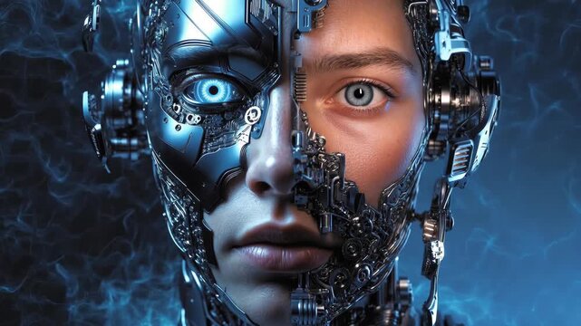 Half human half machine face with glowing electric lines in sci‑fi style on dark background, concept of fusion of man and tech