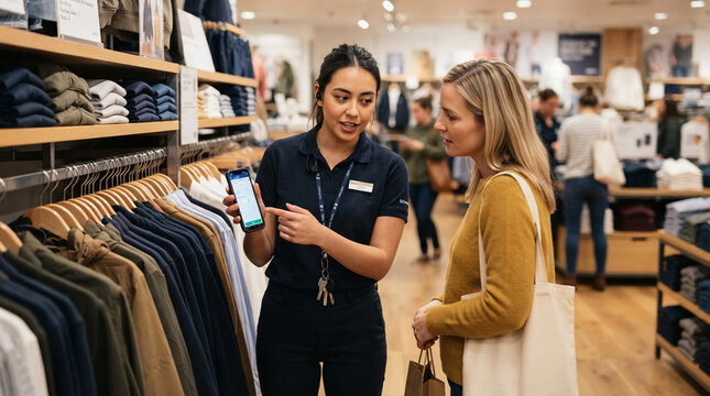 Retail associate assists customer with clothing selection using digital handheld device store setting.