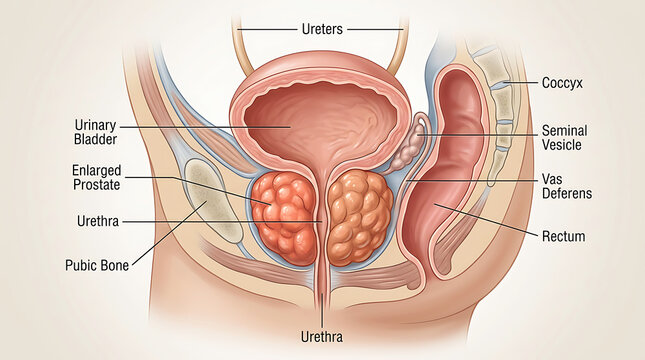 Male pelvic anatomy cross-section highlighting prostate and bladder