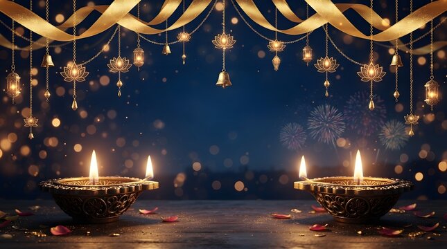 Diwali festival background with glowing oil lamps diyas and hanging golden decorations against a dark blue night sky with fireworks and bokeh lights