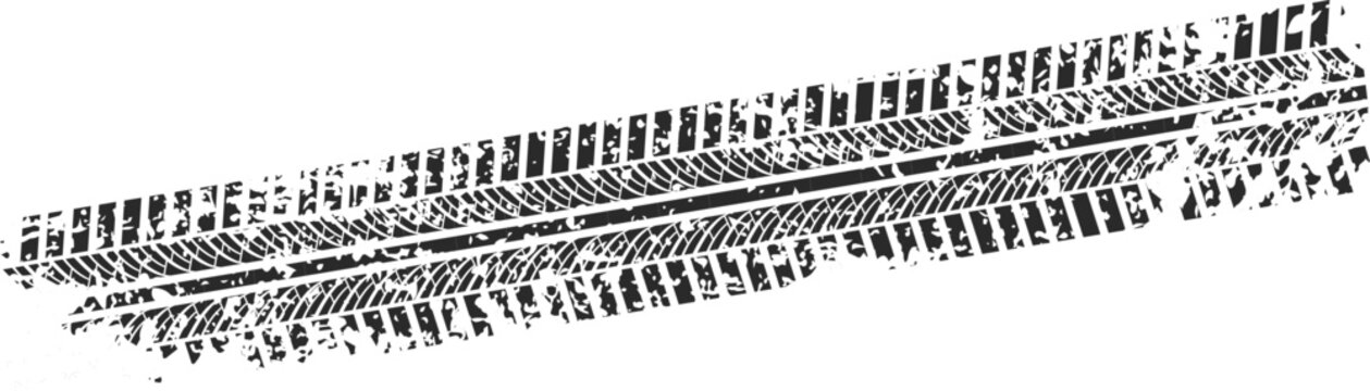 Tire track tread pattern on transparent background featuring worn black rubber marks for automotive design projects involving race cars drift scenes offroad vehicles and motor racing sports.