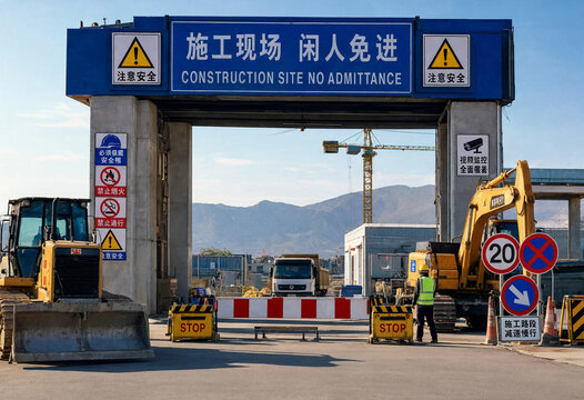 Active construction site with heavy equipment operating on road near security checkpoint entrance infrastructure