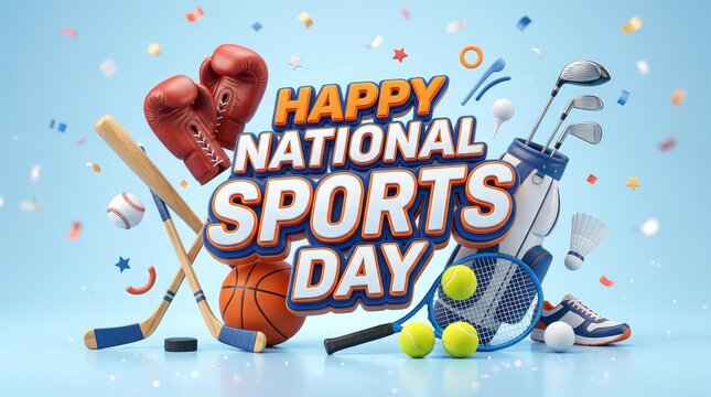Happy National Sports Day 3D banner with sports equipment, gold medal, and colorful confetti