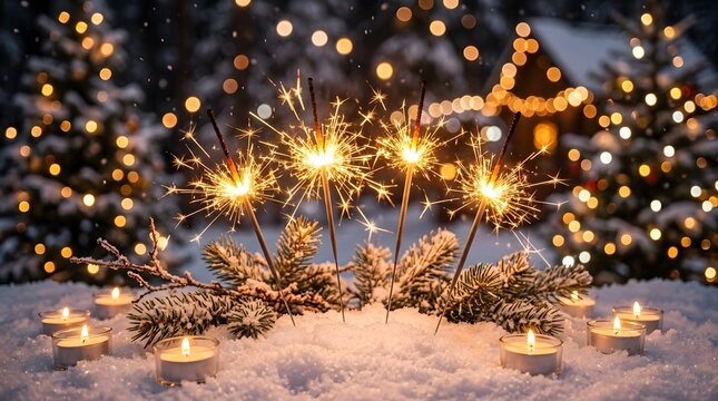 Sparklers in snow with candles and christmas trees