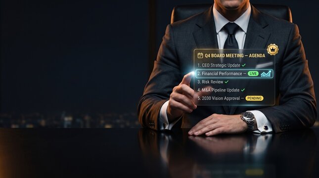 CEO board meeting agenda concept with executive seated at conference table and holographic Q4 dashboard showing financial performance, risk review, M&A pipeline and 2030 vision
