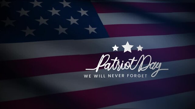 Waving american flag with patriot day text animation, star and stripes. 4k animated typography Suitable for patriot day, remembrance events or american themed graphic designs.