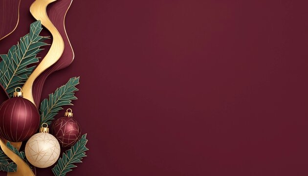Burgundy Gold Ornaments Wavy Ribbon Foliage Background