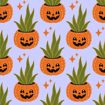 Seamless Halloween pattern with cute jack‑o&rsquo;‑lantern plant pots and green succulents. Cute Potted plants in halloween carved pumpkin pots. Vector seamless pattern. 
