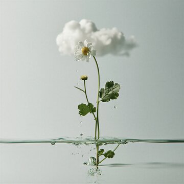 A single daisy emerges from water, its stem seemingly rooted in the liquid, with a fluffy cloud hovering above.