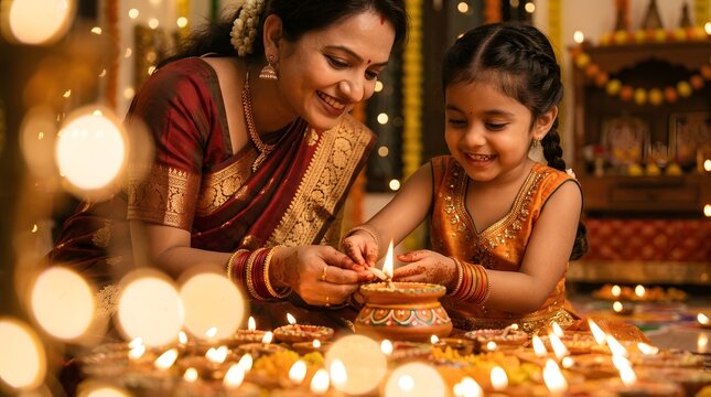Mother and daughter celebrating diwali lighting diyas together