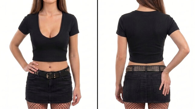 Front and back split of fair skin slim female long brown hair hand on hip and back thigh in short sleeve black cotton deep scoop crop tee, black denim mini skirt, studded belt, fishnets. Mockup.