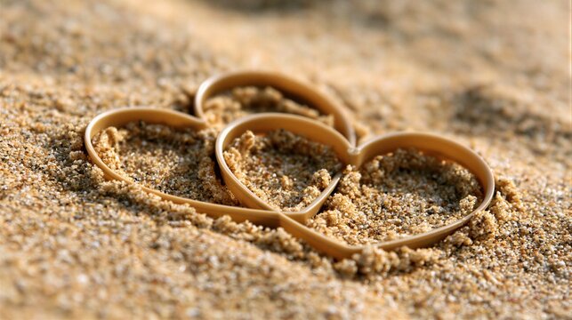 Three heart shapes drawn in the sand, symbolizing love and connection.