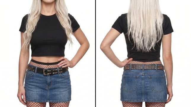 Front and back split of fair skin slim female long blonde hair hand on hip in short sleeve black cotton crewneck crop t-shirt, blue denim mini skirt, studded belt, exposed fishnets. Mockup.