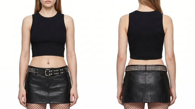 Front and back of fair skin slim female long brown hair hands at sides in sleeveless high neck black cotton crop tank top, leather mini skirt, studded belt, fishnets. Crop top mockup.