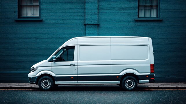 White cargo van parked on a city street against a teal brick wall