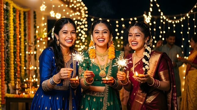 Three happy indian women celebrating diwali with sparklers and diyas