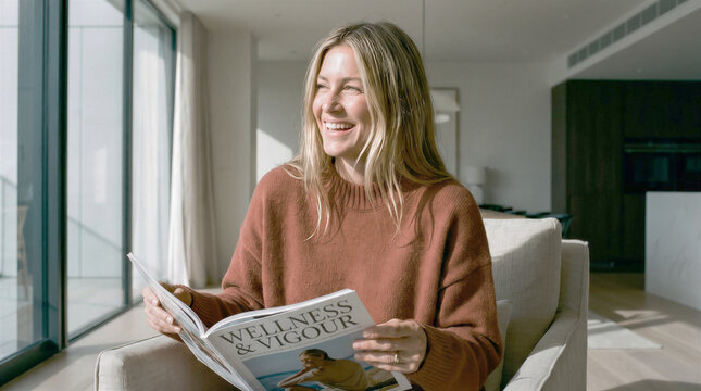Smiling woman sitting in a modern wellness center and reading a lifestyle magazine
