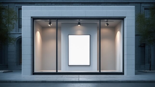 Blank shop window display in urban setting