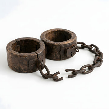 Wooden shackles with broken rusted iron chains isolated on plain white background showing historical medieval punishment tool used for restraining ankles or wrists during ancient times in dark prisons