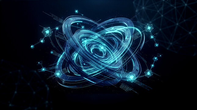 Futuristic digital technology core and rotating network rings