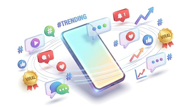 Smartphone surrounded by trending social media icons and notification bubbles