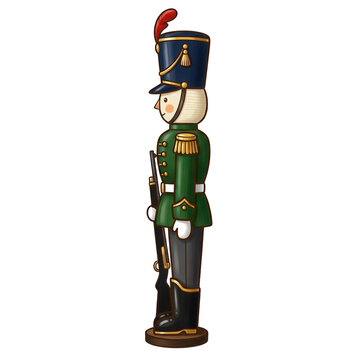 Ein klassischer h&ouml;lzerner Nussknacker in Soldatenuniform mit Gewehr, isoliert auf wei&szlig;em Hintergrund, perfekt f&uuml;r weihnachtliche Dekorationen und festliche Designs.