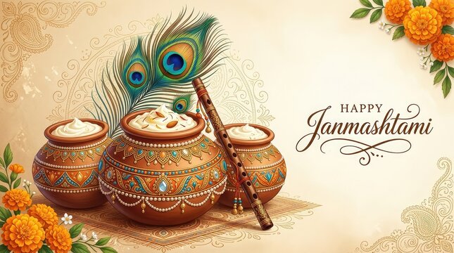 Happy Janmashtami banner with earthen dahi handi pots filled with makhan butter and peacock feather