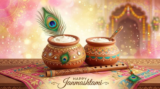 Happy Janmashtami decorative background with decorated dahi handi matki, flute, and marigold flowers