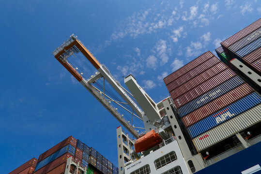 Close-up of container ship CMA CGM Seine with stapled shipping containers at Port 2000 of French city of Le Havre on a summer day. Photo taken July 14th, 2026, Le Havre, Normandie, France.