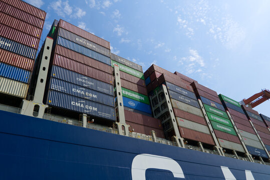 Close-up of container ship CMA CGM Seine with stapled shipping containers at Port 2000 of French city of Le Havre on a summer day. Photo taken July 14th, 2026, Le Havre, Normandie, France.