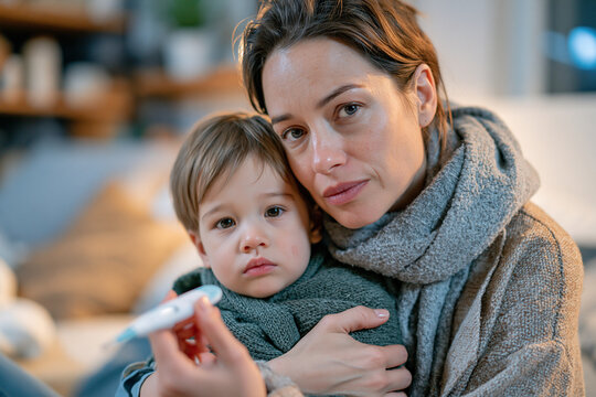 Worried Mother Holding Sick Toddler Son and Digital Thermometer at Home