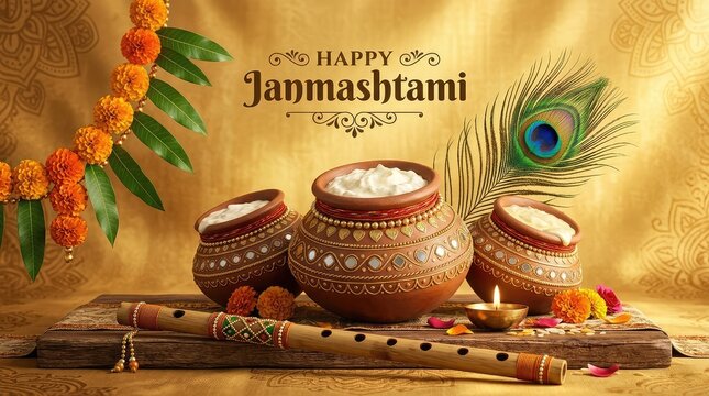 Happy Janmashtami banner with earthen matki pots full of butter, flute, and marigold flower decorations