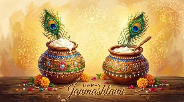 Happy Janmashtami banner with twin decorated dahi handi pots, peacock feathers, and golden aura