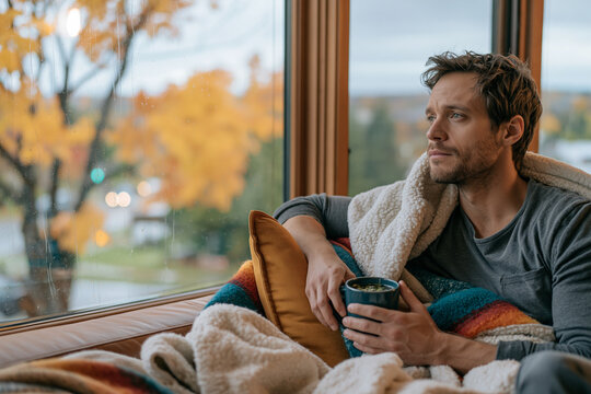 Thoughtful Young Man Wrapped in Blanket Holding Mug near Rainy Autumn Window