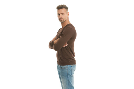 Stylish casual male. Men casual style. Portrait handsome guy in menswear. Fashion style. Stylish menswear fashion. Caucasian mature man. Man in jumper isolated on white. Handsome mature man