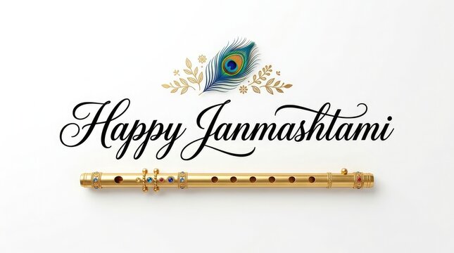 Happy Janmashtami minimalist typography banner with golden bansuri flute and peacock feather