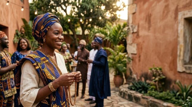 Cheerful African woman in traditional attire holding prayer beads at a garden gathering, faith and spirituality photography, copyspace included.