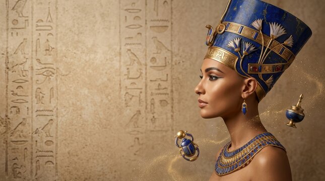 Conceptual storytelling portrait of a majestic ancient Egyptian queen in profile, narrative scene with hieroglyphs, lapis lazuli crown, gold jewelry, and symbolic artifacts.