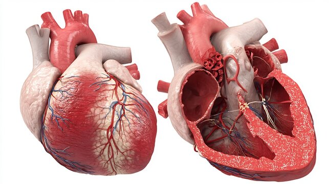 Dual view 3D illustration of human heart anatomy featuring both external surface and internal cross-section
