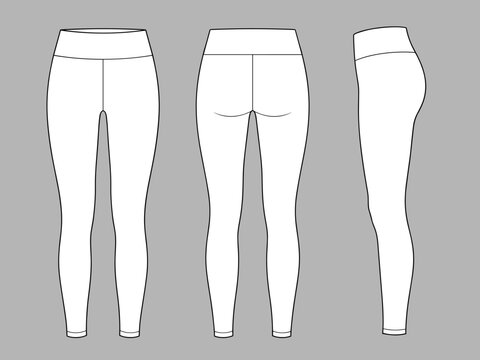 High waisted slim fit leggings fashion flat sketch vector illustration template front back and side view. Girls athletic yoga pants mock up for women's apparel technical CAD.
