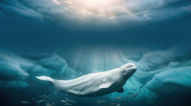Majestic beluga whale swimming under arctic ice floes with celestial light rays, capturing a sense of faith and spirituality photography, with ample copyspace for text