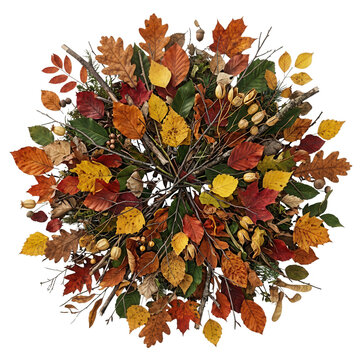 Ein wundersch&ouml;ner, handgefertigter Herbstkranz aus bunten, getrockneten Bl&auml;ttern, Zweigen und Eicheln, isoliert auf einem rein wei&szlig;en Hintergrund f&uuml;r saisonale Dekorationen.