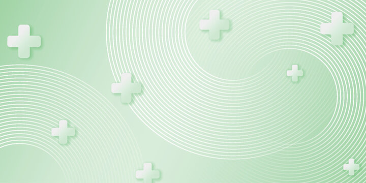 Soft green gradient abstract healthcare background with pattern of medical crosses and overlapping curved lines. Professional medical background for hospitals, telemedicine, presentations. VOL. 2