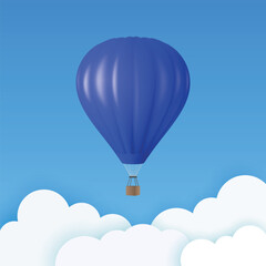 Obraz premium Vector Travel Banner with 3d Realistic Blue Hot Air Balloon Icon on a Blue Sky Background. Design Template, Summer Vacation, Travelling, Tourism and Journey Concept