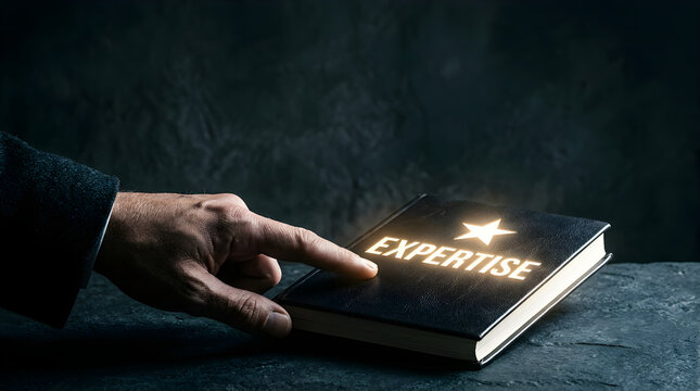 Professional hand touching black book with expertise star glowing