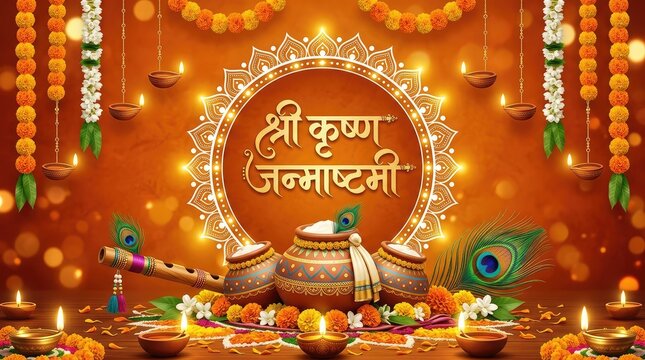 Shree Krishna Janmashtami Hindi text banner with golden mandala background, dahi handi, and flute